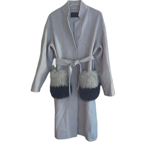 Annabelle Fox Fur Pockets Belted Australian Wool Coat S - Picture 1 of 14